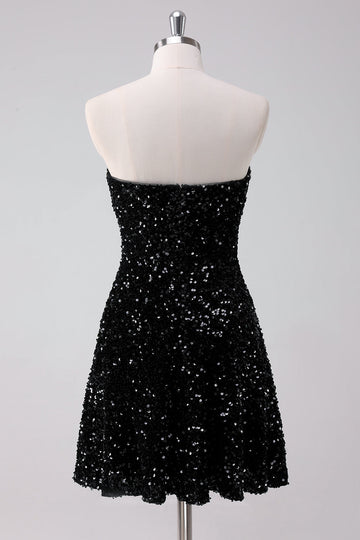 Sparkly A-Line Strapless Sequins Little Black Dress
